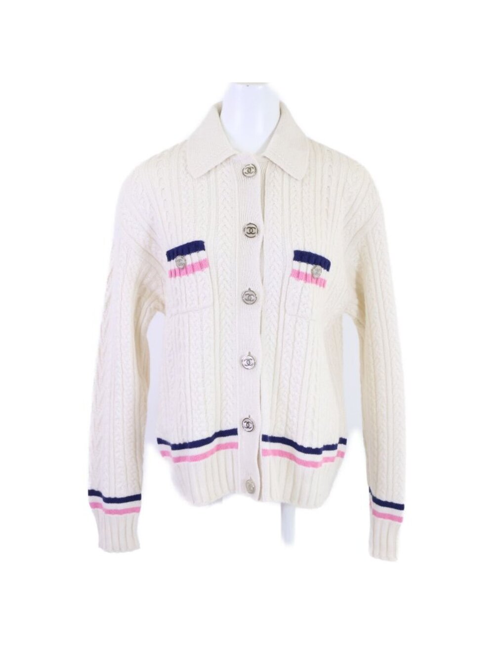Chanel Cashmere Mixed CC Logo Button Cable Knit Cardigan 38